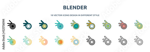 blender icon in 18 different styles such as thin line, thick line, two color, glyph, colorful, lineal color, detailed, stroke and gradient. set of blender vector for web, mobile, ui