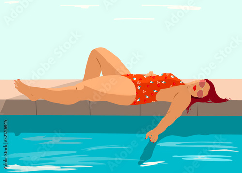 femme bien en chair en maillot de bain fleuri au bord de la piscine, illustration