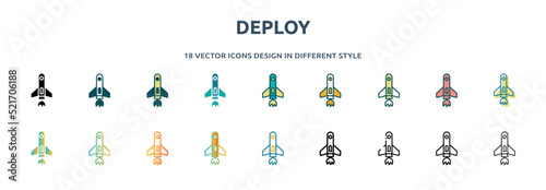 deploy icon in 18 different styles such as thin line, thick line, two color, glyph, colorful, lineal color, detailed, stroke and gradient. set of deploy vector for web, mobile, ui