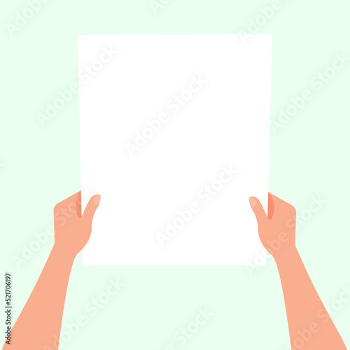 Flat illustration of hands holding a sheet of paper with place for text