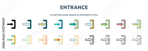 entrance icon in 18 different styles such as thin line, thick line, two color, glyph, colorful, lineal color, detailed, stroke and gradient. set of entrance vector for web, mobile, ui