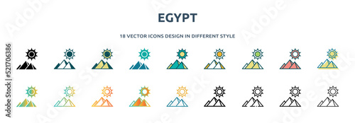 egypt icon in 18 different styles such as thin line, thick line, two color, glyph, colorful, lineal color, detailed, stroke and gradient. set of egypt vector for web, mobile, ui