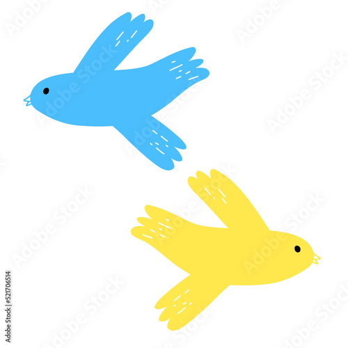 Vector illustration of dove in cartoon flat style. Two birds in color of Ukrainian flag. Concept of peace in Ukraine