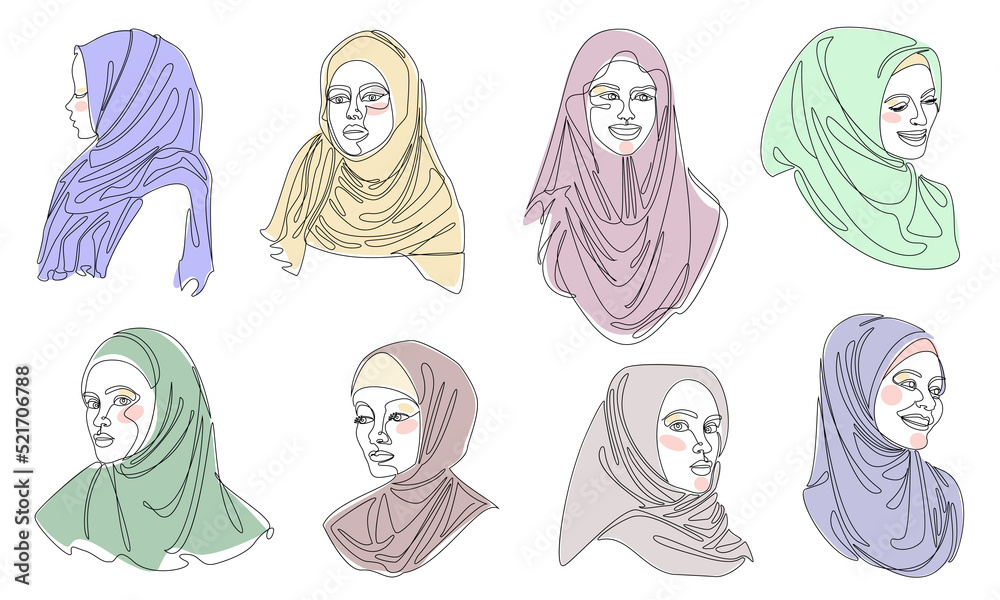 Collection. Girl head silhouettes. Lady in hijab, scarf, arabic muslim headdress, headscarf. Female face in modern single line style. Solid line, sticker outline, logo. Vector illustration set.