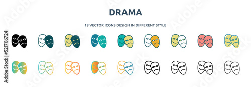 drama icon in 18 different styles such as thin line, thick line, two color, glyph, colorful, lineal color, detailed, stroke and gradient. set of drama vector for web, mobile, ui