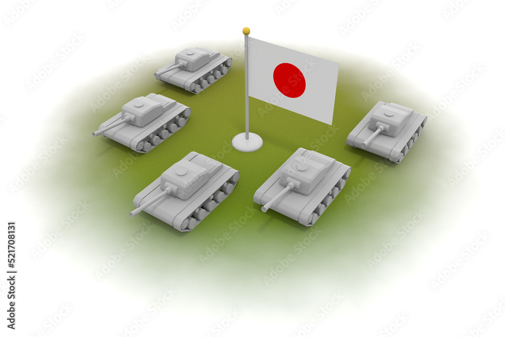 Japanese flag. 5 tanks. A tank moving on land. Weapons on the lawn. Japanese flag. 5 tanks. A tank moving on land. Weapons on the lawn.