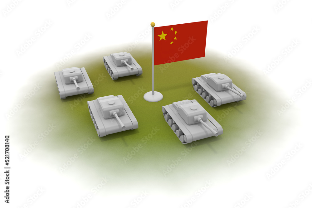 Chinese flag. 5 tanks. A tank moving on land. Weapons on the lawn. Chinese flag. 5 tanks. A tank moving on land. Weapons on the lawn.