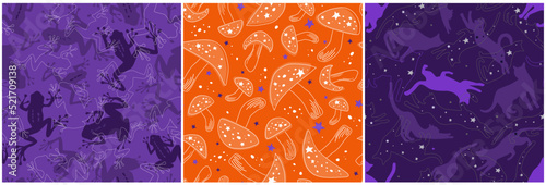 A set of seamless patterns with frogs, mushrooms, cats on the background of the starry cosmic sky. Magic print for Halloween. Vector graphics.