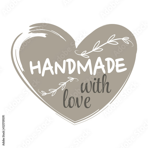 Hand made grunge heart label. Handmade with love lettering stamp, dry brush vector.