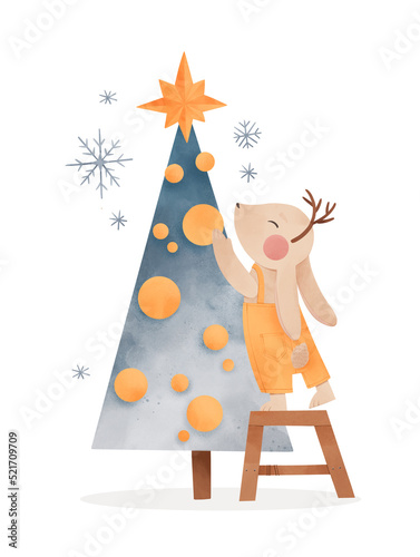 Hand drawn illustration with christmas tree, decorations and rabbit. Happy new year. Winter scene with blue fir tree and cute bunny. Perfect for cards, invitations, home decor, prints