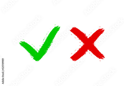 Check and cross marks. Green check mark and red cross, yes or no icon. Vector illustration isolated on white background.