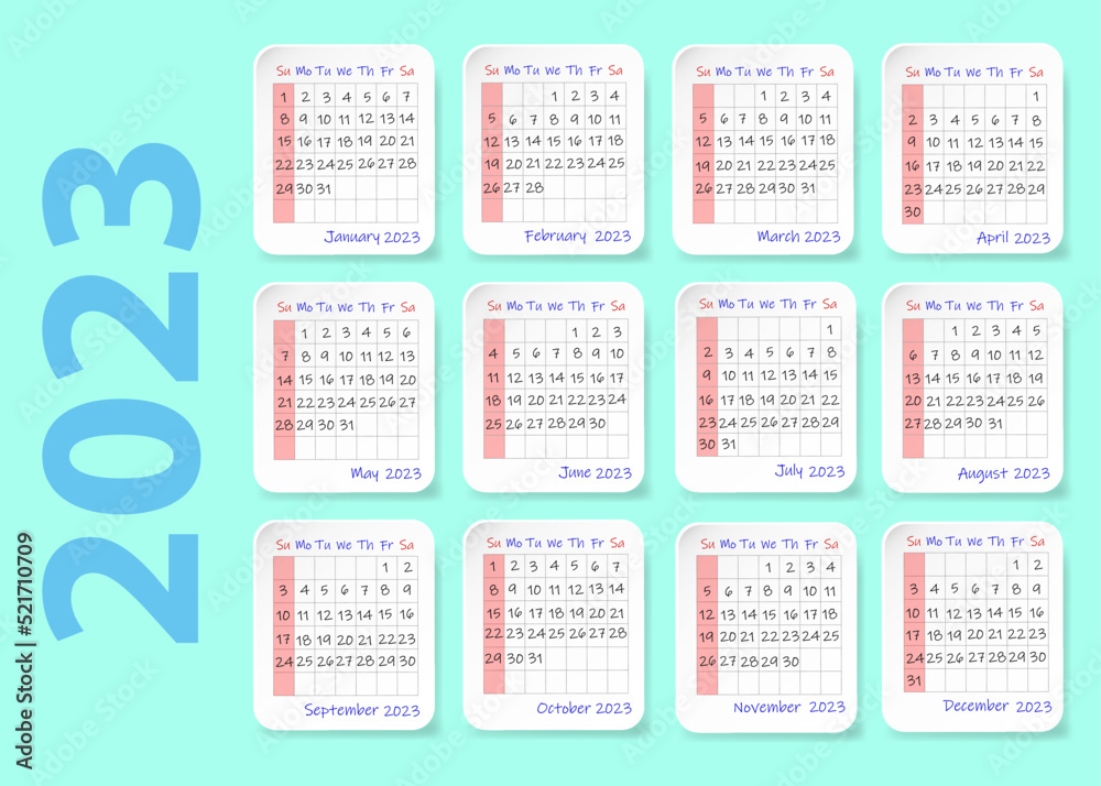 Calendar for 2023. Twelve sheets containing a calendar for each month of the year. Week starts