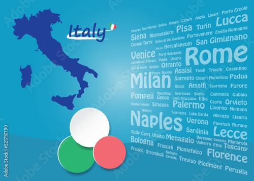 Travel to Italy concept with map of Italy, circles ready for your text.  Names of the Italian  most famous destinations forms background.