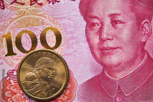 banknot chiński, 100 juanów, moneta amerykańska, Chinese banknote, 100 yuan, American coin