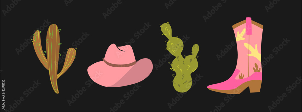 A set of drawings on the theme of the wild west. A cowboy girl, three types of cacti, a bull skull, a snake, cowboy boots and a hat. Retro illustration - set of elements. Cowboy mood.