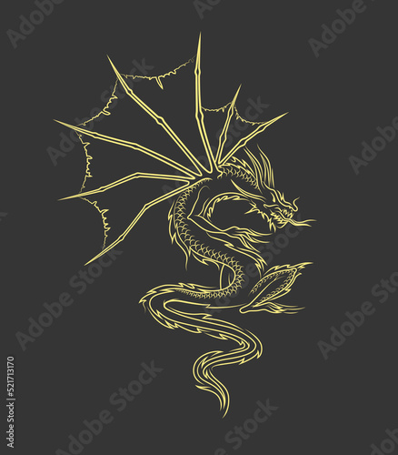 Quadro su tela Poster of a gold wyvern on the black background for the series House of the Dragon - prequel Game of Thrones