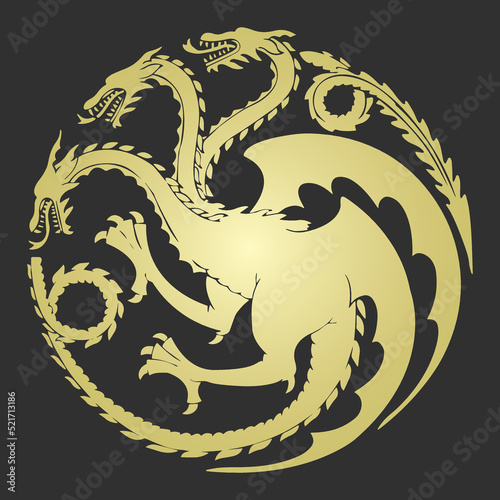Three-headed gold dragon as emblem of the house Targaryen. Poster of the gold dragon for the series House of the Dragon - prequel Game of Thrones.  Vector illustration as print, pattern or wallpaper.