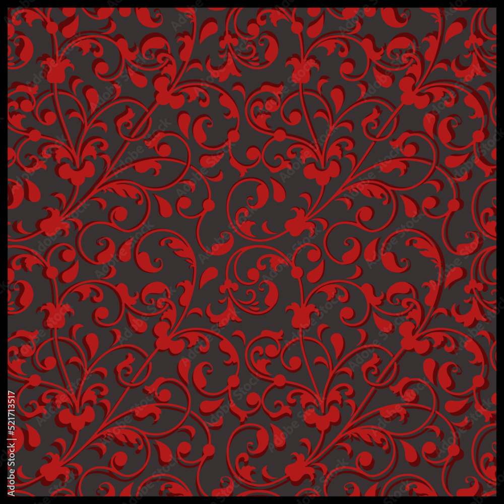 Gothic vintage pattern, red floral ornament on the black background. Vector illustration of black and red wallpaper pattern. Dark red retro texture as fabric design or backdrop for postcard.
