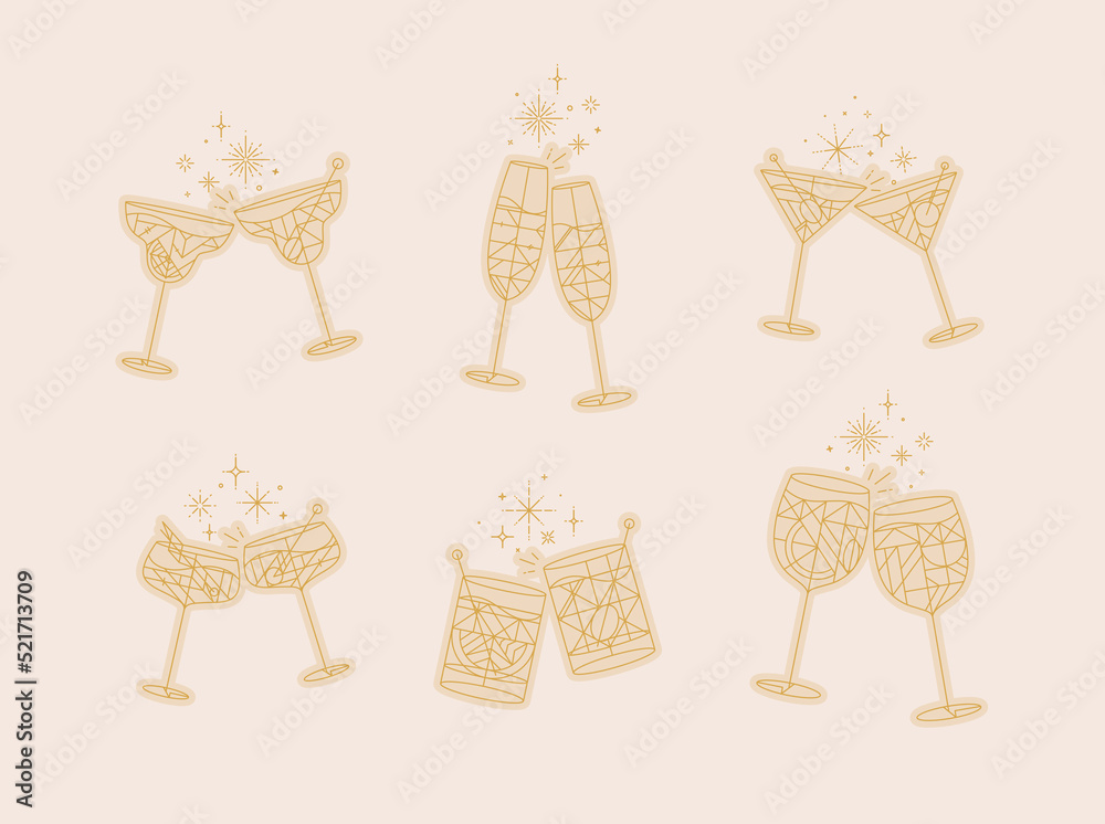 Cocktail glasses cheers for prosecco, wine, whiskey, vermouth, gin, martini, aperol, margarita in modern flat line style drawing on beige background