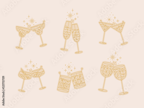 Cocktail glasses cheers for prosecco, wine, whiskey, vermouth, gin, martini, aperol, margarita in modern flat line style drawing on beige background