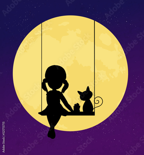 Illustration of a girl and a cat on a swing in silhouette appearing to swing on the moon in a star laden sky