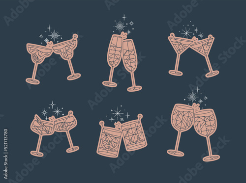 Obraz na płótnie Cocktail glasses cheers for prosecco, wine, whiskey, vermouth, gin, martini, aperol, margarita in modern flat line style drawing on blue background w salonie