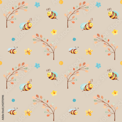 Watercolor seamless light pattern for kids textile with cute little bees. Honey food art with colorful tree and flowers. 