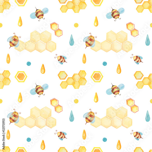 Watercolor seamless cartoon pattern with honeycombs and bee. Colorful yellow ilustration for children nursery textile and pack. Cute little insect in the honeyhive. photo