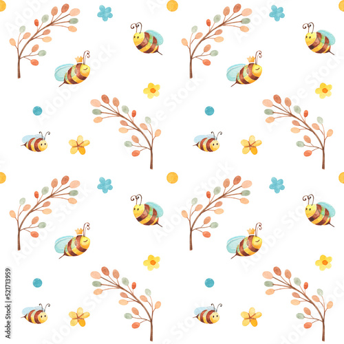 Watercolor seamless pattern at white background with cute cartoon bees. Little bee flying between colorful tree and flowers. Art for textile in children nursery.