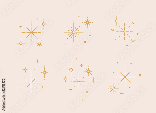 Clink splashes, stars, glowing in flat line art deco style drawing on beige background