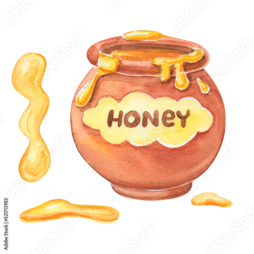 Watercolor cartoon pot with honey. Bright food illustration isolated on white.