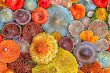 abstract background texture of very, many different mushrooms, inverted multicolored mushroom caps wallpaper