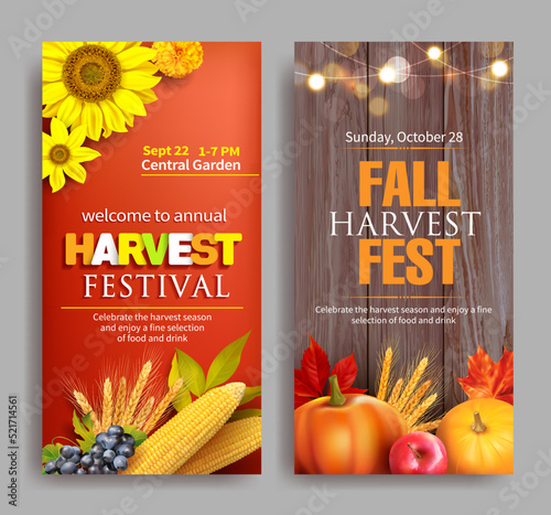 Vertical banners for harvest festival. Invitation for autumn crop fest. Vector set.