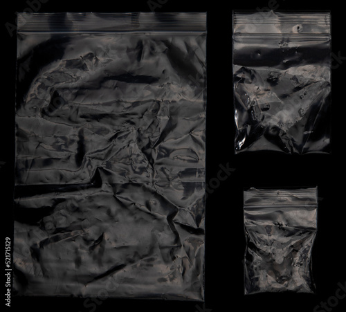 Set of three zip plastic bags on black background for illustration or advertisement 