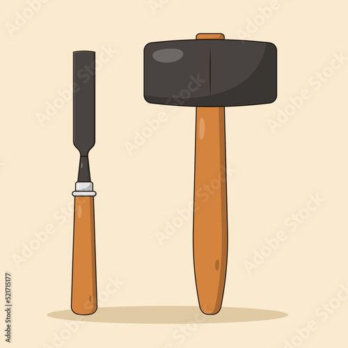 Hammer and Chisel Vector Icon Illustration with Outline for Design Element, Clip Art, Web, Landing page, Sticker, Banner. Flat Cartoon Style