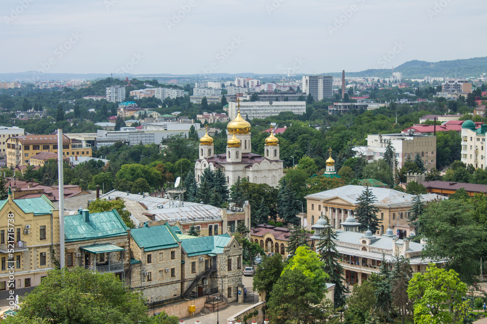 panoramic view of the historical part of the city with beautiful architecture from the observation deck on a cloudy summer day in Kislovodsk