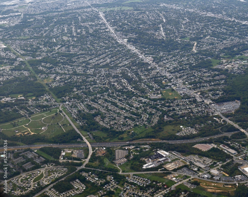 Wide aerial shot over Baltimore, Maryland.