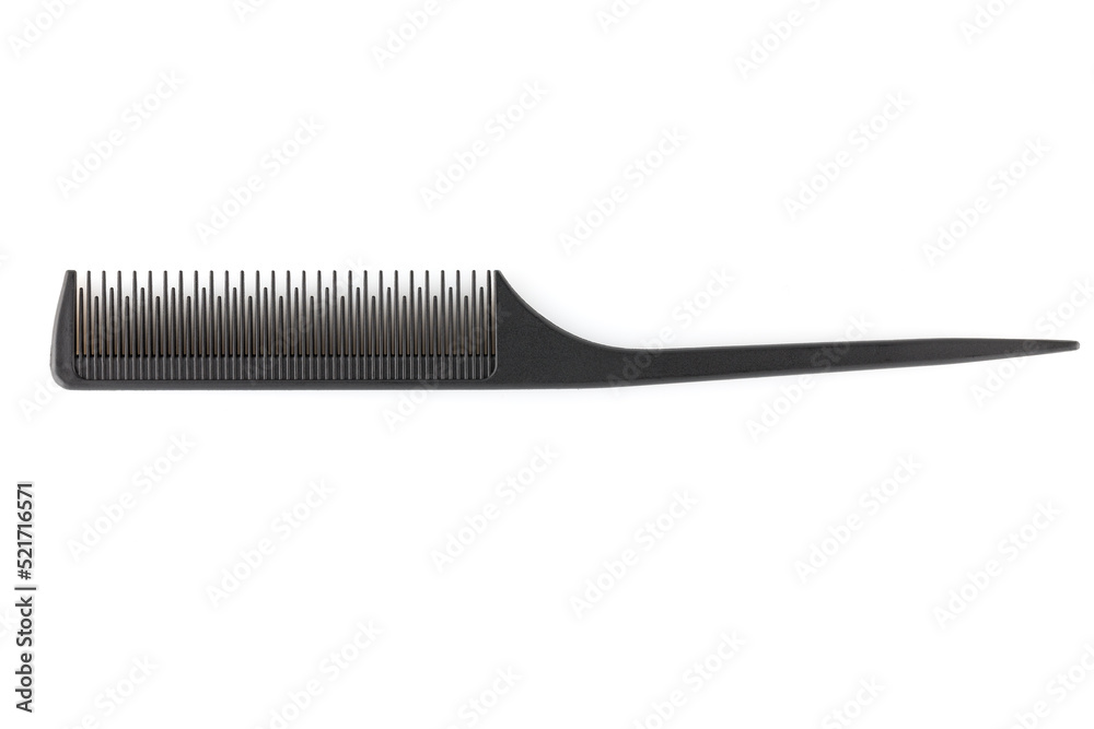 Comb with a tail. Professional hairdressing comb Rat Tail for hair. Comb with a thin and long handle on a white background. Premium hairdressing accessories for haircuts. - obrazy, fototapety, plakaty 