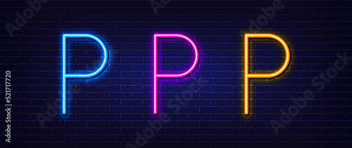 Initial letter P icon. Neon light line effect. Line typography character sign. Large first font letter. Glowing neon light element. Letter P glow 3d line. Brick wall banner. Vector