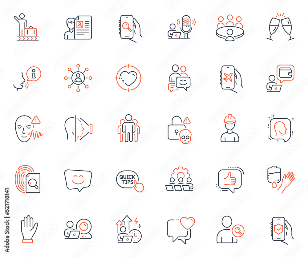 People icons set. Included icon as Heart, Face id and Luggage belt web elements. Find user, Teamwork, Like icons. Cyber attack, Head, Champagne glasses web signs. Inspect, Meeting, Group. Vector People icons set. Included icon as Heart, Face id and Luggage belt web elements. Find user, Teamwork, Like icons. Cyber attack, Head, Champagne glasses web signs. Inspect, Meeting, Group. Vector
