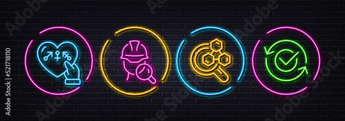 Genders, Chemistry lab and Inspect minimal line icons. Neon laser 3d lights. Approved icons. For web, application, printing. Inclusion, Lab research, Builder review. Refresh symbol. Vector