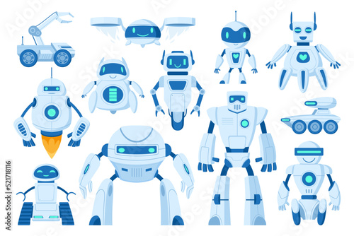 Cartoon robots, digital cyborgs, innovation technology machines. Robots, chatbots and drones, mechanical personal assistants vector symbols illustration set. Modern robots collection