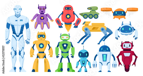 Cartoon robots, cartoon personal assistants and chatbots. Modern digital cyborgs, robotic drones mascots flat vector symbols illustration set. Robots collection