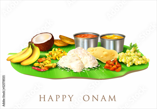 Traditional food (sadya) served on banana leaf for South Indian harvest festival Onam. Isolated on white. Vector illustration.