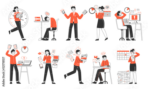 Business people in stress, work deadline and tasks overload. Stressed business characters, tired office workers flat vector illustration set. Office team in stress