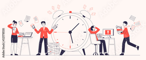 Work deadline, stressed office workers bad time management. Busy business people deadline flat outline vector illustration. Office deadline scene