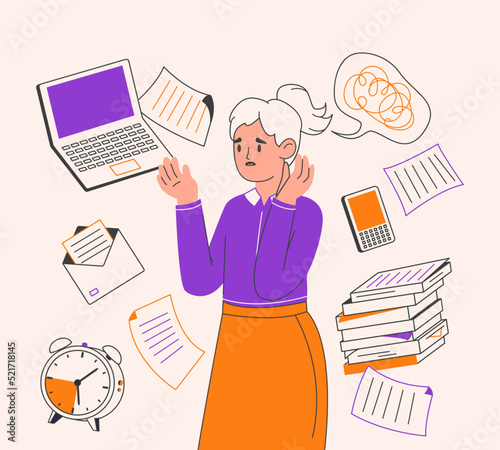 Stressed anxiety person, deadline office business character. Chaotic office workflow, deadline and tasks overloaded human flat outline vector illustration. Work deadline scene