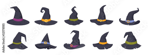 Cartoon Halloween party witch hats, witchcraft party costume elements. Black spooky decorated hats, wizard headdress vector symbols illustrations set. Halloween hats collection