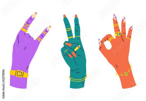 Cartoon hands with positive gestures, golden jewelry and cute manicure. Female manicure salon nail design vector background illustration. Colorful hands with manicure