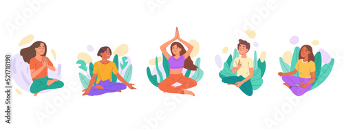 Cartoon meditating, relaxing people, characters practicing yoga. Meditating, peaceful women and men, breath training and mental wellness flat vector illustration. Meditation and yoga practice